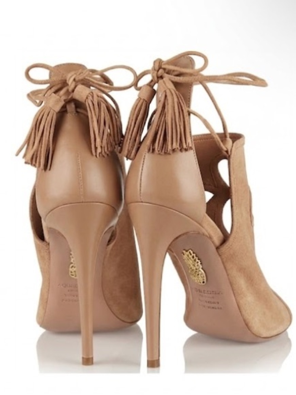 Aquazzura Get Me Everywhere Suede Tassel Cutout Tan Nude 105 Heels Size 39 - Picture 2 of 11